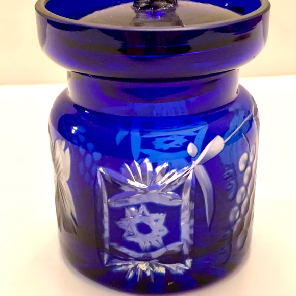Vintage 1950s Cobalt Blue Crystal Cut Honey/Jam Jar and Lid - Picture 2 of 11